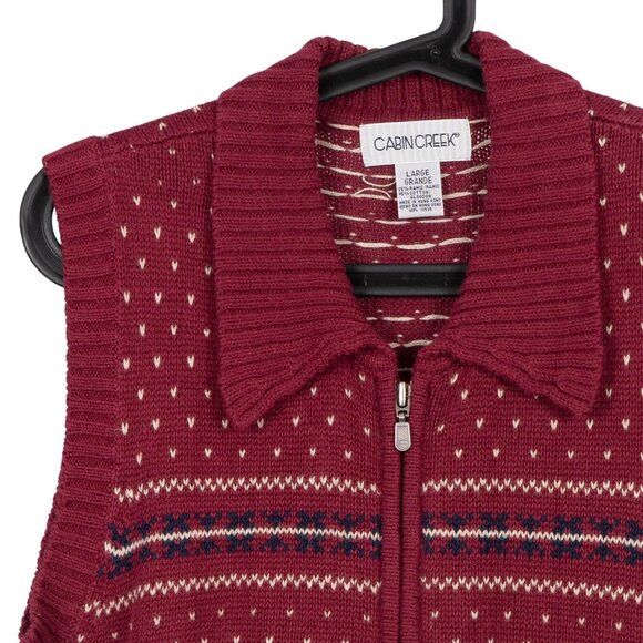 Cabin Creek Sweater Vest L Womens VTG Red Fair Isle Knit Zip Front Ramie Cotton - Picture 2 of 5